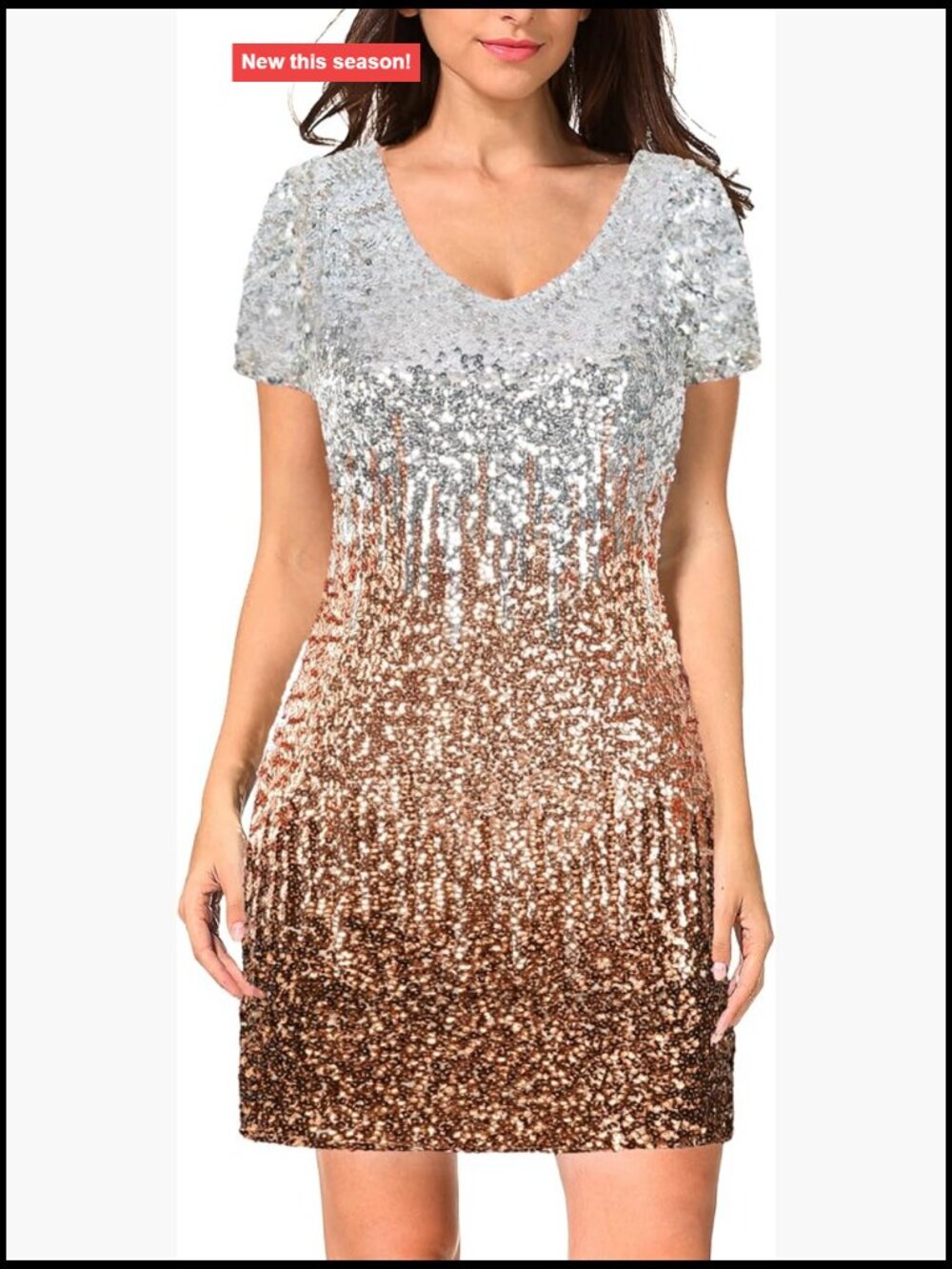 Sequin Glitter Short Sleeve V-Neck Bodycon Mini Party Club Dress